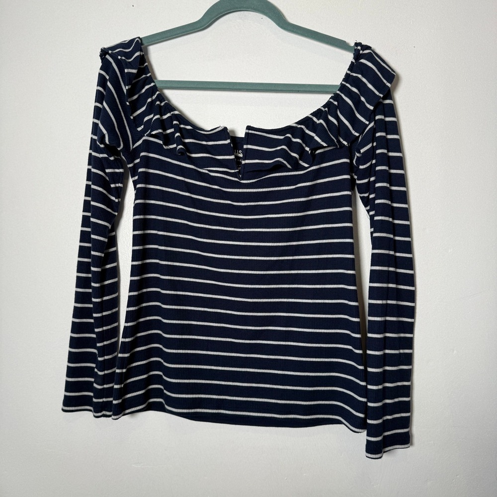 Aeropostale Seriously Soft Striped Ruffle Off Shoulder Long Sleeve Top Navy‎ XL